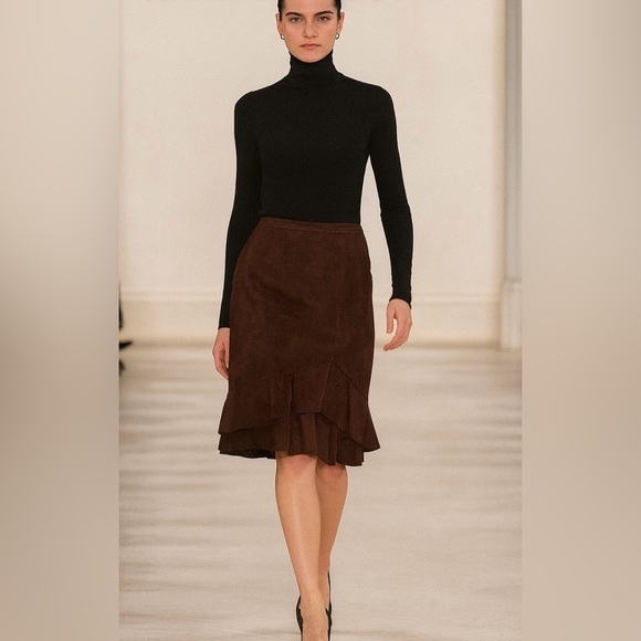Georgiou Studio Dresses & Skirts - Vintage 100% Leather Suede Skirt 90s y2k Knee Ruffle Lined Slit GEORGIOU Studio